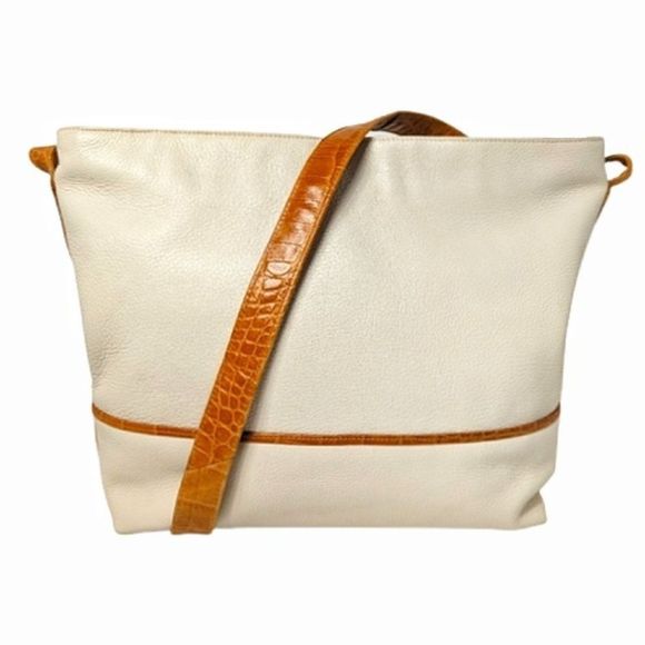 Vintage Cream Leather Shoulder Crossbody Bag Croc Print Trim Susan Gail - Picture 4 of 14
